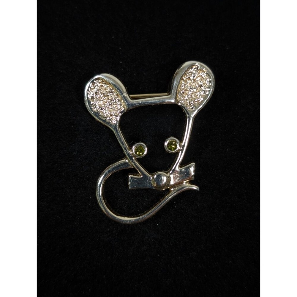 Vintage Sarah Coventry Mouse‎ Brooch Gold Tone Green Rhinestone Pin
